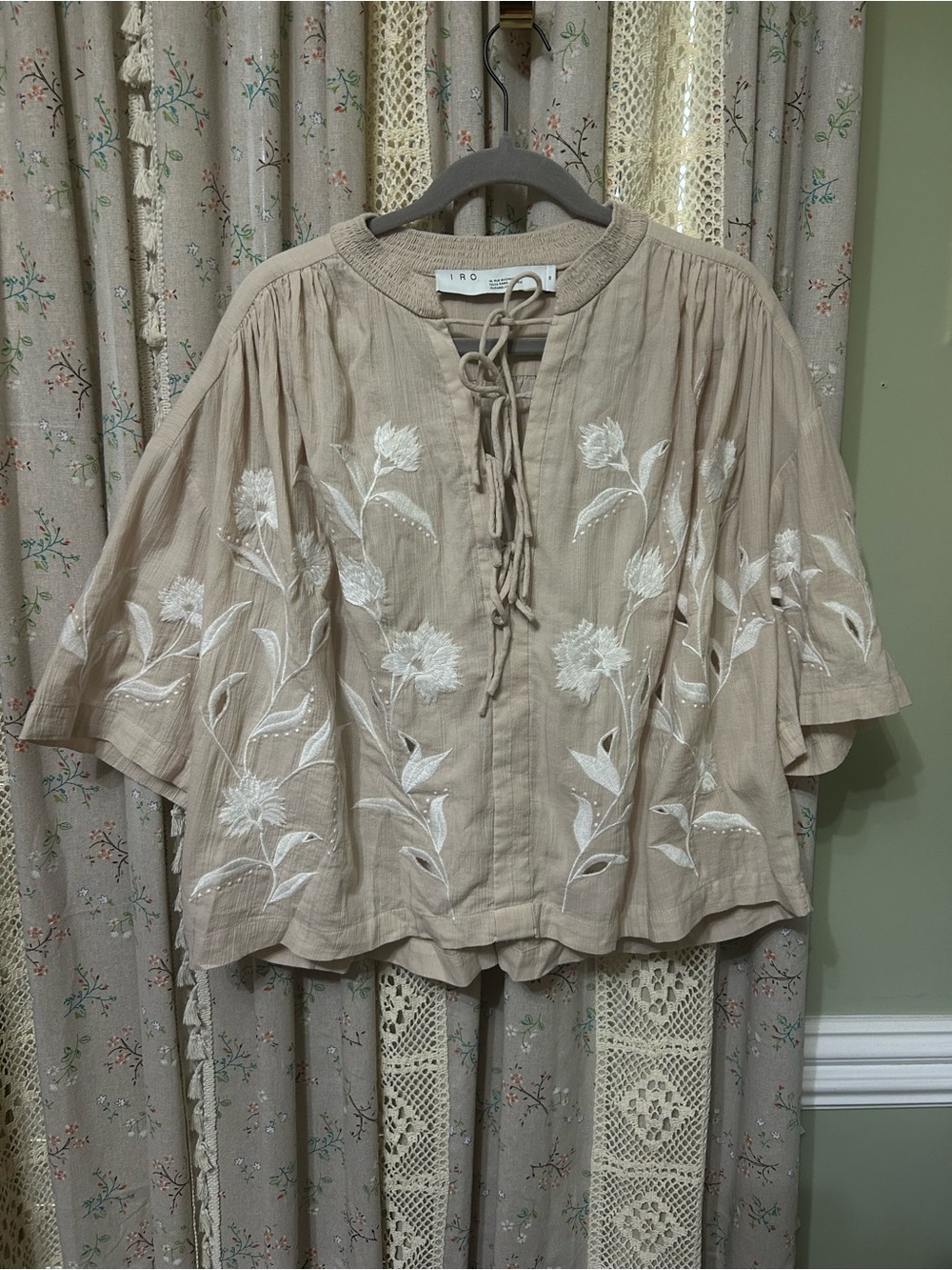 IRO Hiba Embroidered Lace-Up Blouse Nude Beige Floral Top FR 38 US 6